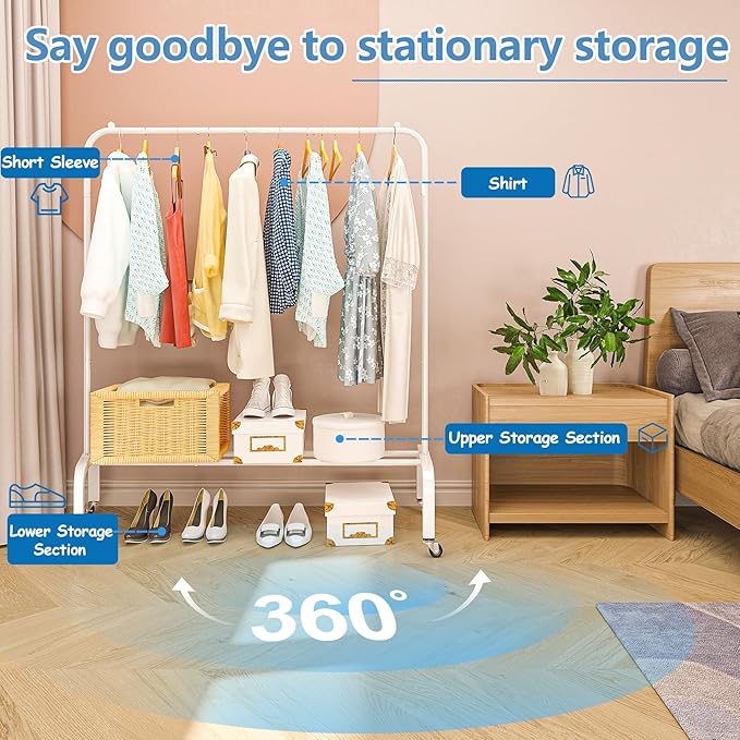 JIUYOTREE Metal Clothing Rack with Wheels, 43.3 Inches Rolling Clothes Garment Coat Rack with Bottom Shelf, Clothing Rack for Hanging Clothes, Coats, Skirts, Shirts, Sweaters, White