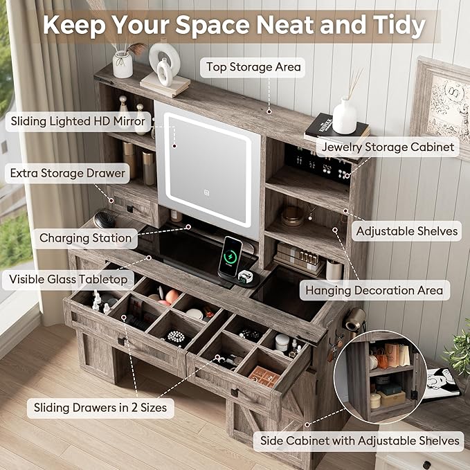 Farmhouse Makeup Vanity Desk with Sliding Mirror and Lights, Glass Desktop Makeup Vanity Desk with Charging Station, 3-Tier Hidden Slide-Out Vanity Shelves, Jewelry Storage Cabinet, 2 Drawers-Grey