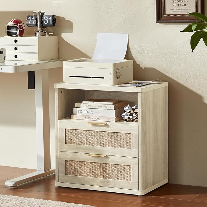 LEYAOYAO Rattan Nightstands with Charger Station, 23" Wide Boho Night Stand with 2 Drawers, Grey White Bedside Table Open Shlef, Bed Side End Table Dresser for Bedroom, Living Room Hallway