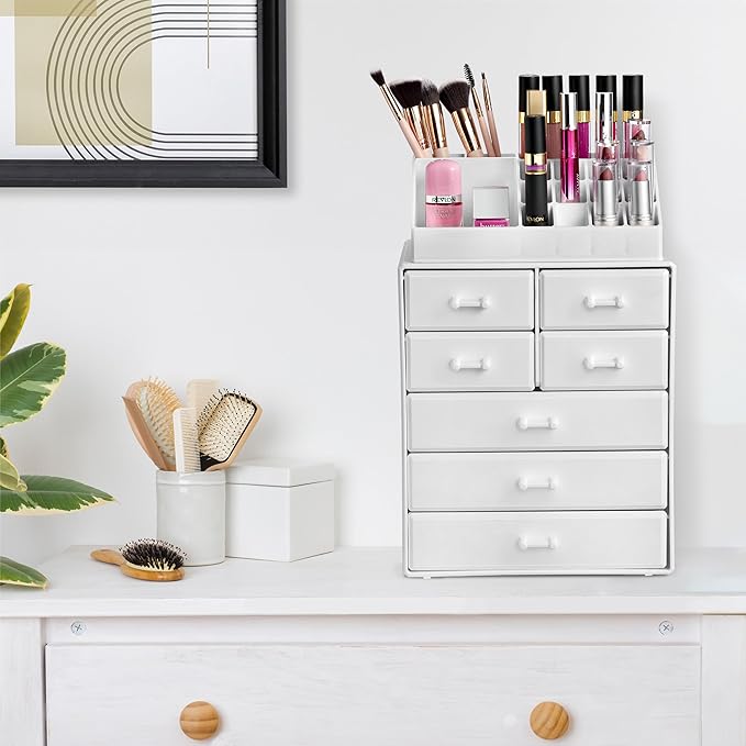 Sorbus Makeup Organizer, Brush Holder and Make Up Storage Drawers - Acrylic Makeup organizer for vanity, Bathroom - Cosmetic Display Cases with 3 large, 4 Small Drawers & 1 Tray for Makeup Brush