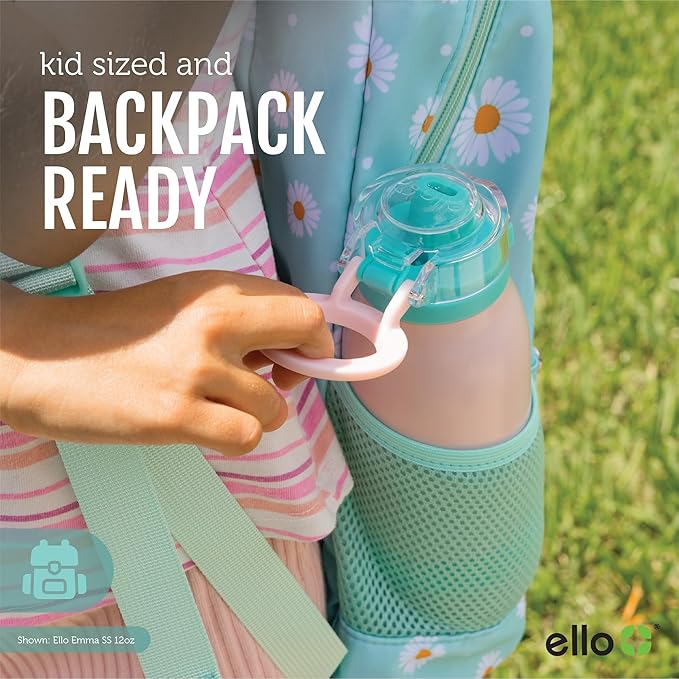 Ello Emma 14oz Vacuum Insulated Stainless Steel Kids Water Bottle with Straw and Built-in Carrying Handle and Leak-Proof Locking Lid for School Backpack, Lunchbox and Outdoor Sports