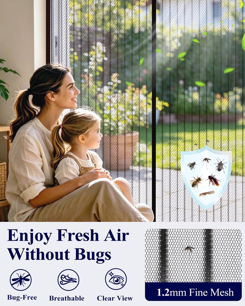 Kitsure Magnetic Screen Door - 38.0'' x 82.0'' Retractable Screen Door Mesh for Entry Door or Sliding Door, Pet & Kid Friendly, Hands-Free Closure Keeps Bugs Out & Lets Breeze in, Stripe Black
