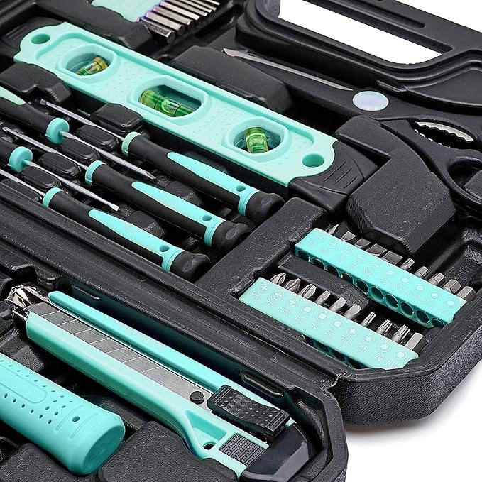 Amazon Basics 142-Piece Household Tool Kit for Home Repair,Hand Tools with Storage Case,13.39 x 9.25 x 2.95 inch,Turquoise,(Pack of 4)