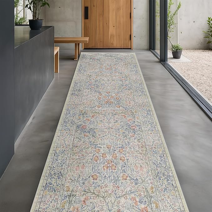 Beige Blue Washable 2'6"x10' Wide Hallway Runners, Kitchen Runner Rug, Non-Slip & Stain Resistant 10ft Long Floor Rug, Retro Lilic Boho Floral Décor