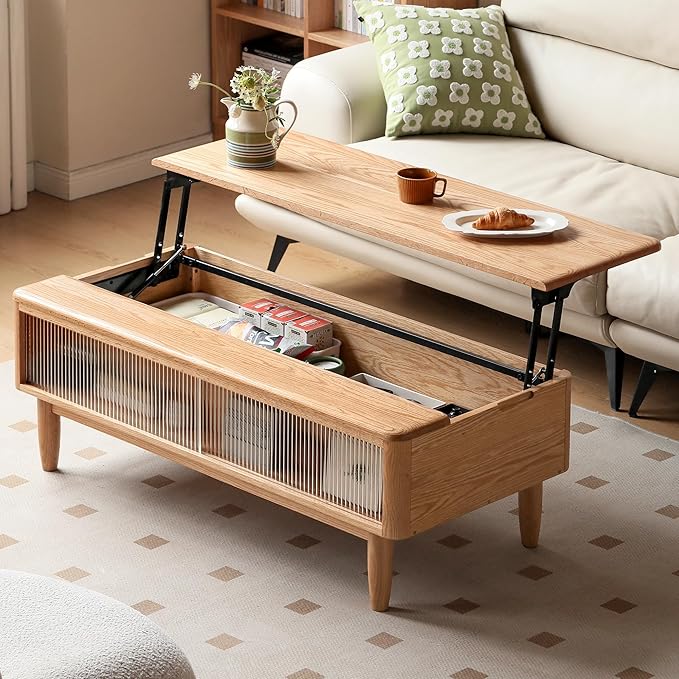 Wood Lift Top Coffee Table, 100% Solid Oak Wood Log Color Coffee Table with Glass Sliding Door, Rectangular Coffee Tables with Storage for Living Room Home Decor(47.24" W)
