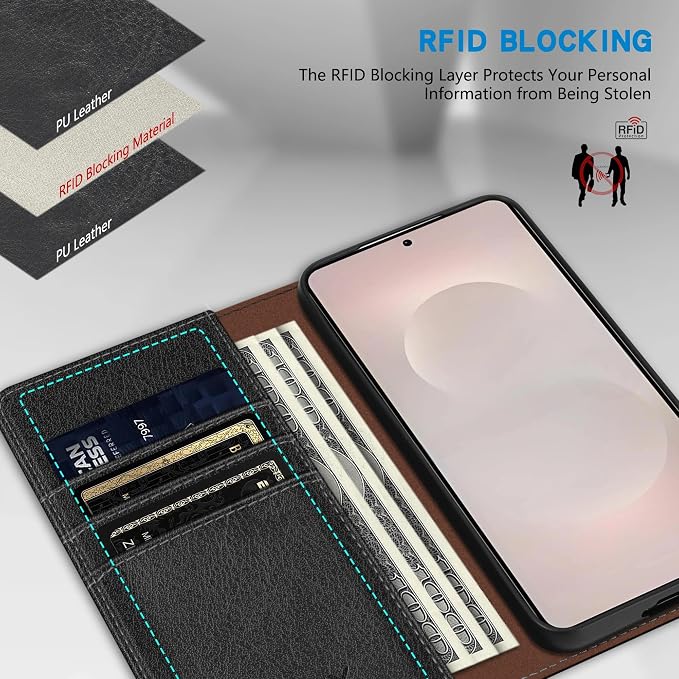 ZZXX for Samsung Galaxy S25 Wallet Case with [RFID Blocking] Card Slot Stand Strong Magnetic Leather Flip Fold Protective Phone Case for Samsung Galaxy S25 Case Wallet(Black-6.2 inch)