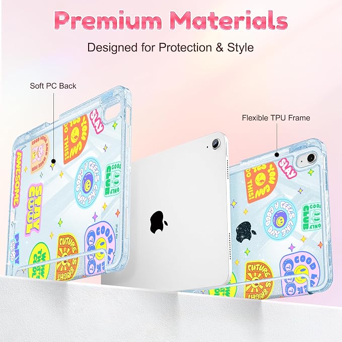 for iPad Air 11 inch M4/M3/M2 (2026/2025/2024) iPad Air 5th/4th Gen (2022/2020) 10.9 inch with Pencil Holder Glitter Clear Pretevtive Cover Auto Wake/Sleep Black Cartoon Stickers