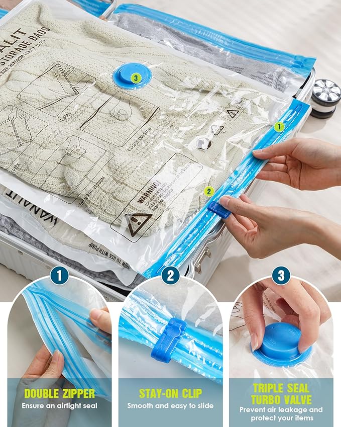 Vacuum Storage Bags for Travel, 8 Pack (4S+4XS) Vacuum Seal Bags with Wireless Rechargeable Electric Pump, Travel Essentials Space Saving Compression Bag for Clothes, Luggage, Suitcase, Backpack, Trip