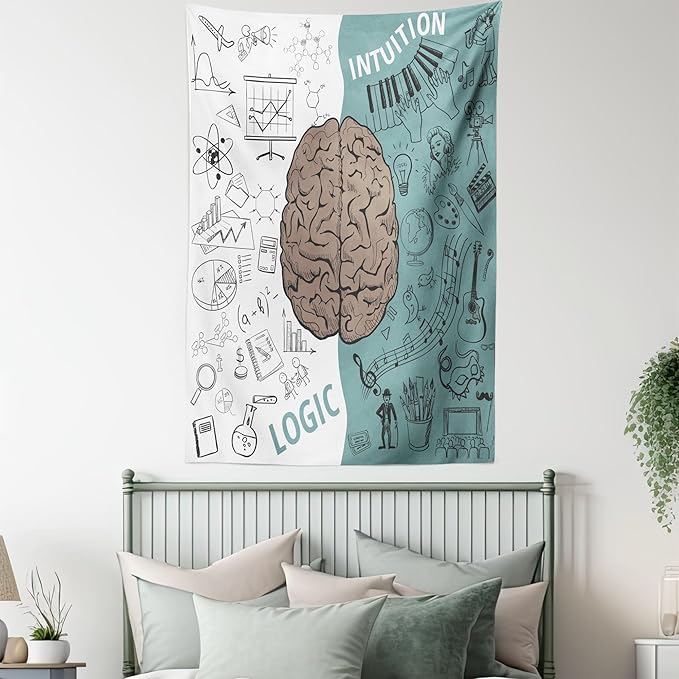 Ambesonne Modern Tapestry, Brain Image Left and Right Music Logic Art Side Science Print, Wall Hanging for Bedroom Living Room Dorm Decor, 60" X 80", White Teal Umber