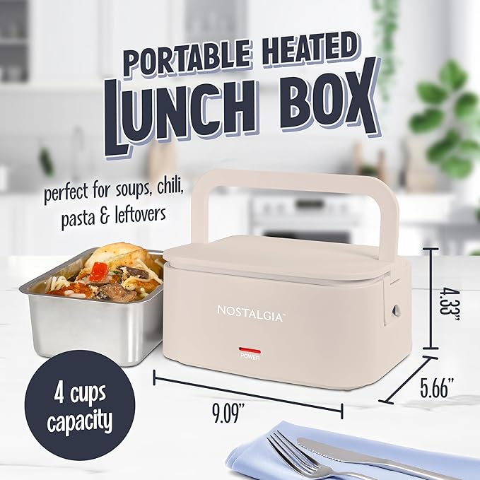 Nostalgia Portable Heated Lunch Box – 4-Cup Stainless Steel Food Warmer – Detachable Cord, Leak-Proof Lid, Carry Handle – Portable for Work & Travel – Oatmeal