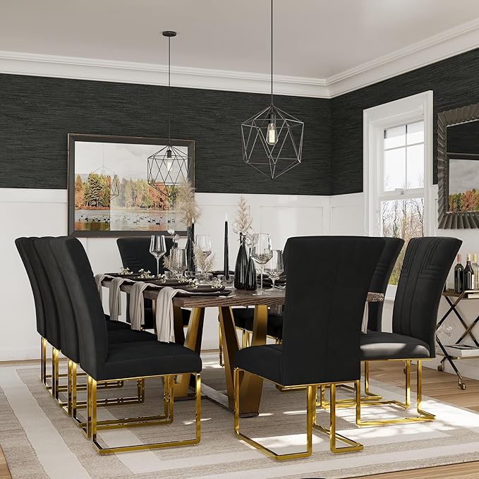 AUZ Dining Chairs Set of 10, Black Velvet Upholstered High Back Dining Chairs with Polished Gold Sled Legs