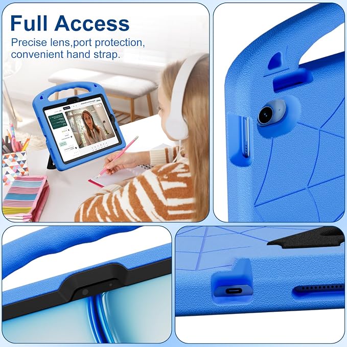 Kids Case for iPad Air 11-Inch (M4/M3/M2 2026/2025/2024) | iPad Air 5th Gen (2022) / 4th Gen (2020) 10.9 Shockproof Cover with Built-in Screen Protector and Stand (Black+Blue)