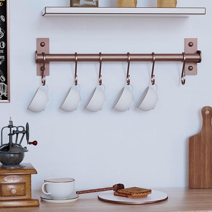 Dseap Kitchen Utensil Holder Hanger, Pot and Pan Rack Wall Mounted, Kitchen Rail with 8 Hooks for Hanging Cooking Utensils, Mugs, Spoons, Wall Mounted, Antique Copper New, Pack of 2