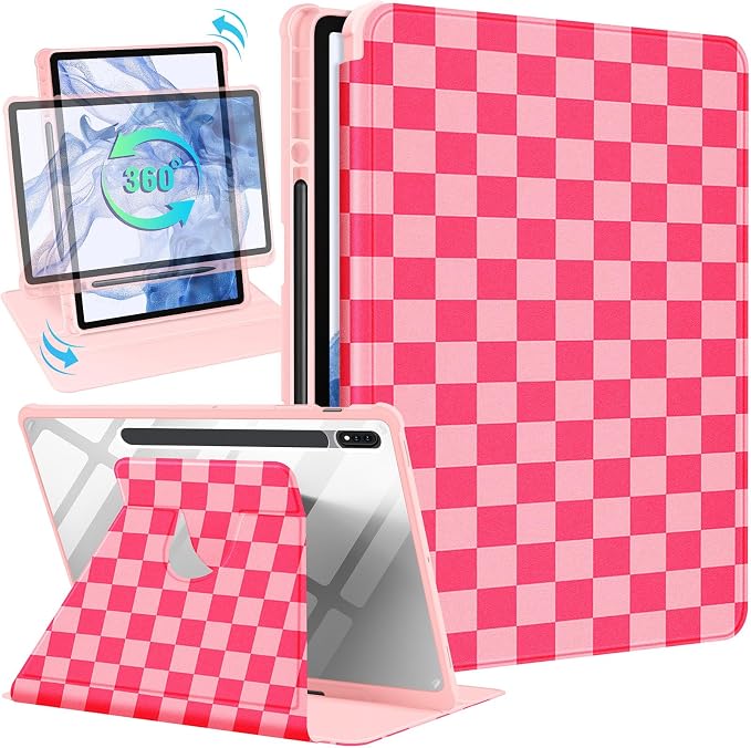Wazzasoft for Samsung Galaxy Tab S7/S7 Plus/S8 Plus Case - 12.4 Inch Folio Cover with Pencil Holder - Women/Girl Cute Girly Black Flower Unique Design - Rotating Tablet Case