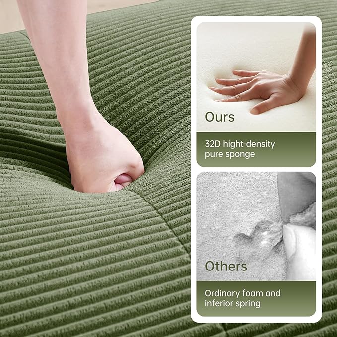 80" Modern Corduroy Boneless Love Seat Couches with 2 Ottomans, 2 Seater Large Sectional Couches for Living Room, Green Cloud Modular Sectional Sofa, Memory Foam, Extra Deep Loveseat, No Assembly