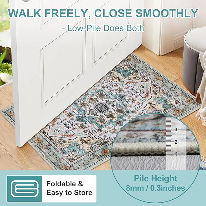 WILLSUN Washable Area Rugs, 2x3 Non-Slip Boho Small Area Rugs for Entryway, Kitchen, Bathroom, Machine Washable Vintage Rug, Indoor Floral Print Carpet for Home Decor, Kid & Pet Friendly Mat