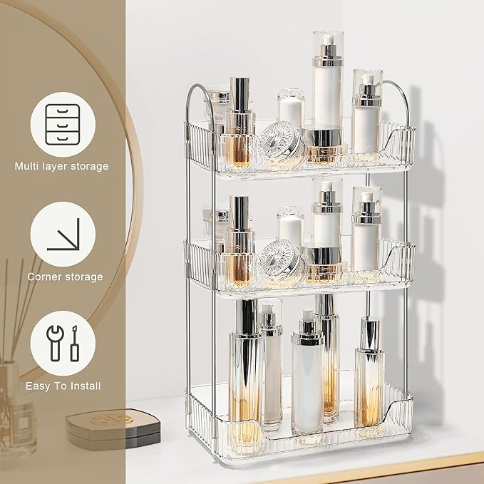 Bathroom Counter Organizer Countertop Storage Skincare Countertop Makeup Organizer Cosmetics Skincare Organizers Holder for Perfume-Clear White-Silver Pole-3 Tier