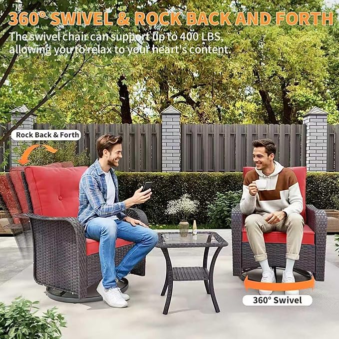 Gotland 13 Pieces Patio Furniture Set with Fire Pit Table Swivel Chairs, PE Rattan Outdoor Furniture Set with 29.5'' High Backrest 4’’ Thick Cushions Coffee Table, Patio Set for Porch, Deck, Red