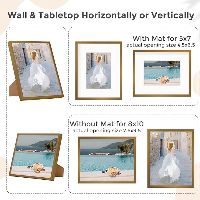 8x10 Picture Frame - 8x10 Metal Picture Frame With Mat | 8 x 10 Aluminum Photo Frame | Plexiglass And Hanging Hardware Included | Black 8 by 10 Frame, 3PCs, Bronze