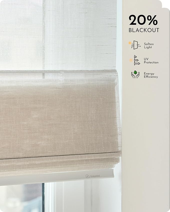 Graywind Smart Roman Shades 20% Blackout Compatible with Alexa Google Rechargeable Motorized Window Blinds Remote Control View Visible Plain Fold, Custom Size (Semi-Sheer Ecru)