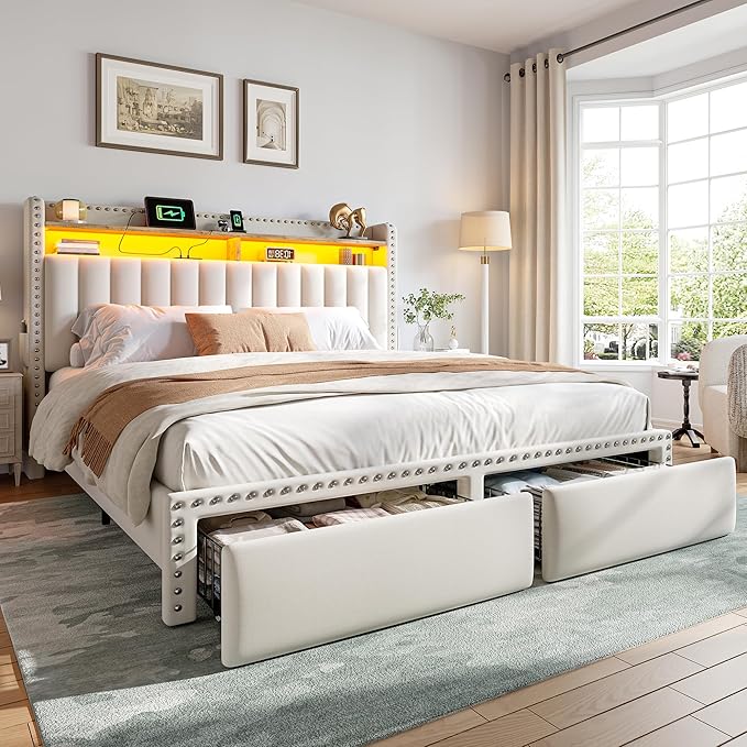EnHomee Full Size Bed Frame with 2-Tier Storage Headboard & Charging Station, LED Platform Bed Frame with 2 Storage Drawers, Sturdy Wooden Slats Support, Noise-Free, No Box Spring Needed, Beige
