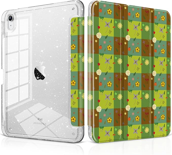MEEgoodo Case for iPad A16 11th Generation 2025/10th Generation 2022 Glitter Tablet Cases with Transparent Acrylic Back+Trifold Stand +Pencil Holder+Auto Wake/SleepAbstract Sun &amp Palm Tree