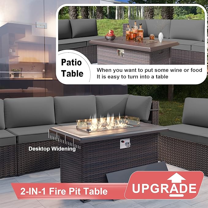 Kurapika 7 Pieces Patio Furniture Set, Rattan Outdoor Conversation Sets w/43in Propane Fire Pit Table and 4 Inch Cushion(Grey)