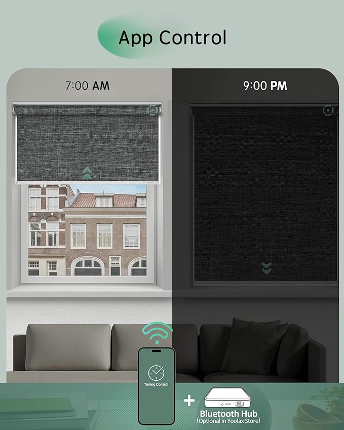 Yoolax Motorized Blinds App Control, Blackout Roller Shades for Windows, Cordless Automatic Shades Roller Window Blinds for Bedroom Living Room Office (Blackout Ashfall Gray, 35" W x 72" H)