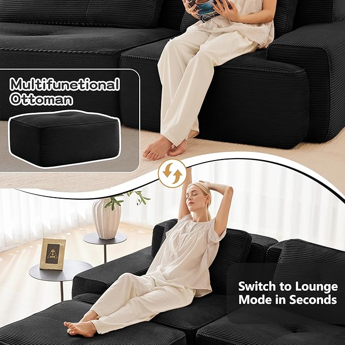115.3'' Sectional Sofa, 32D Foam Corduroy Boneless Couch with Pillow, Deep Seat Wide Arm Sectional U Shaped Couch for Living Room, Apartment, Bedroom