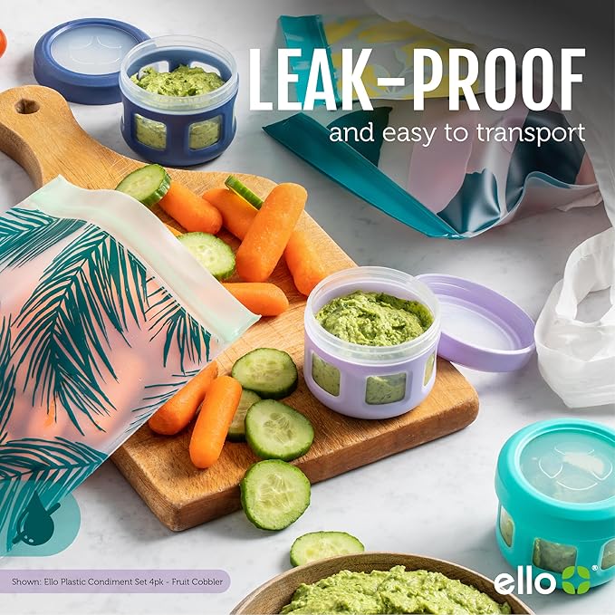 Ello Reusable Condiment Containers 4oz each with Screw-on Leak Proof Lid | Perfect for Salad Dressing Sauce Dips Lunchbox Picnic Travel Bento Box | BPA-Free | Dishwasher Safe