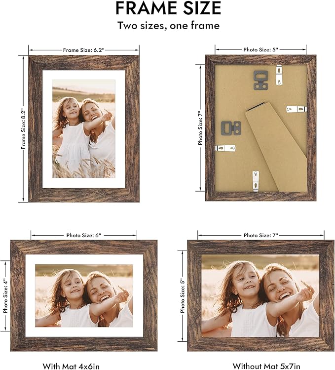 5x7 Picture Frame with Glass, Display Pictures 4x6 with Mat or 5 x 7 without Mat - Wall and Tabletop, 5 by 7 Photo Wooden Frames (Rustic Brown, 1 Pack)