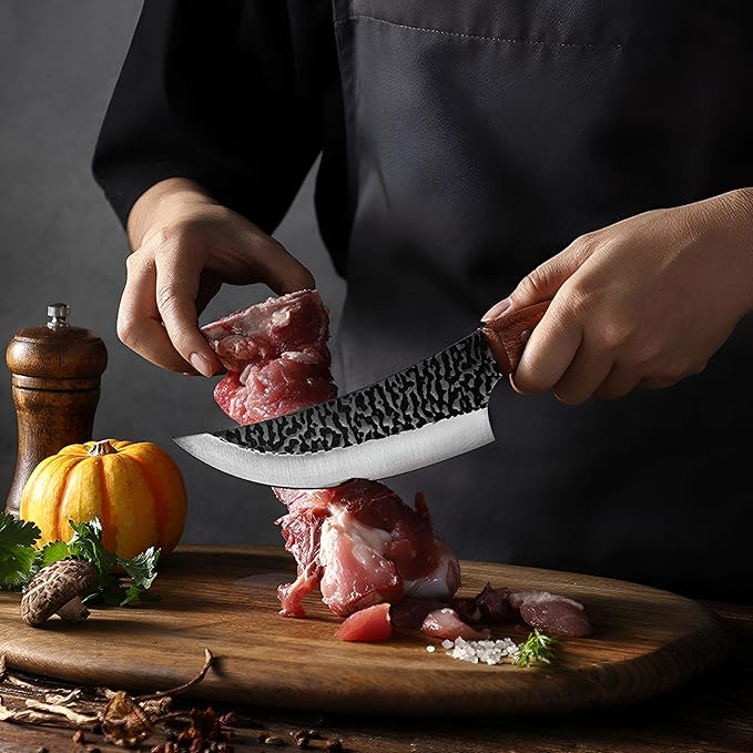 BrightQuill 7-Inch Viking-Style Hand Forged Chef Knife with Sheath & Sharpener –Curved Stainless Steel Blade, Hammered Finish, Ergonomic Wooden Handle –Butcher Boning Knife for Meat,BBQ & Outdoor Use
