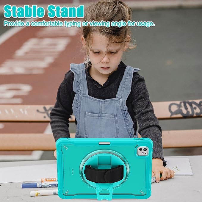 ZenRich Clear Case for iPad Pro 11-inch M5 2025 / M4 2024 LightBlue | Screen Protector Pencil Holder 360°Rotating Kickstand Carrying Strap Shockproof Protective Rugged
