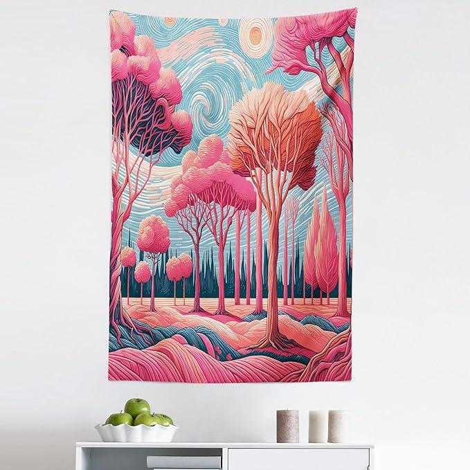Ambesonne Trees Tapestry, Surreal Post-Impressionism Themed Woodland of Dreamy Sky and Tree Pattern, Fabric Wall Hanging Decor for Bedroom Living Room Dorm, 30" X 45", Pink Coral Blue Grey