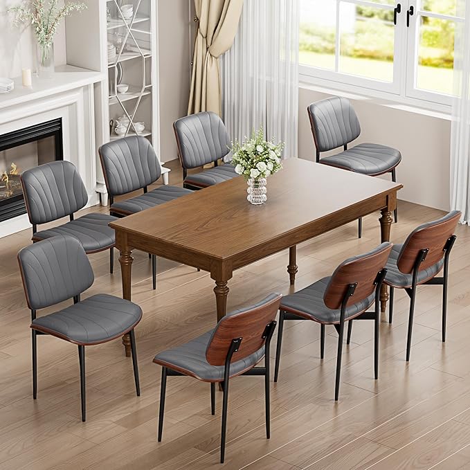 Dining Chairs Set of 4, Dining Room and Kitchen Chairs, Mid Century Modern Accent Chair, Upholstered PU Leather Chairs for Vanity with Walnut Bentwood and Metal Legs, Gray