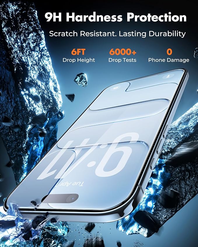 UNBREAKcable 4-Pack iPhone 15 Screen Protector 9H Hardness | 9H tempered glass | 99.99% HD clarity | Double Shatterproof|alignment frame easy install | case-friendly