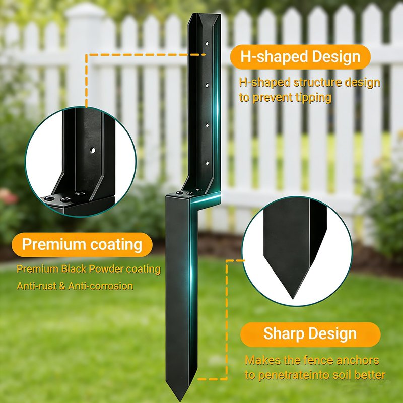 4PCS Fence Post Repair Kit, Heavy Duty Fence Post Anchor Quick Fix for Broken/Leaning Wooden Fence, Easy to Install, Black
