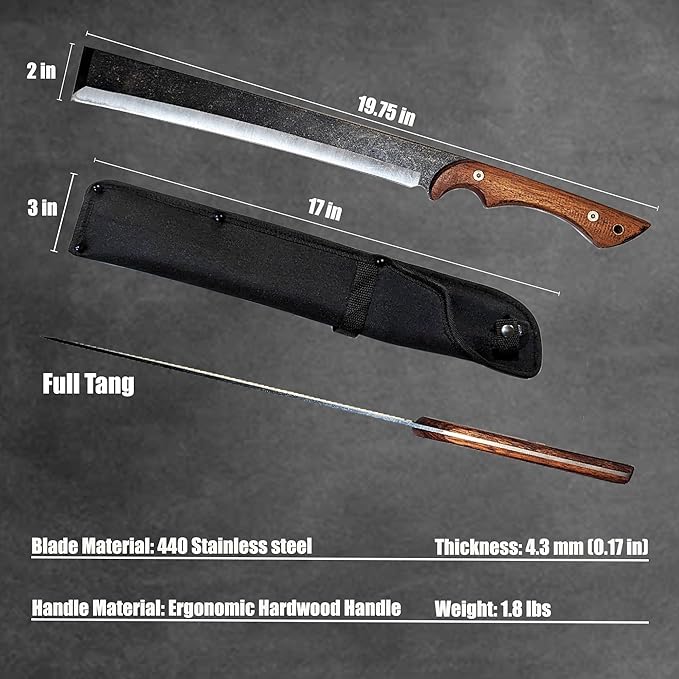 NLX 19.25" Machete Knife Japanese NATA Tool Style - 440 Stainless Steel Full Tang Blade - Multi-Function Outdoor Camping Tool with Sheath. for Collection, Gift and Camping Cutting Ropes - Branches