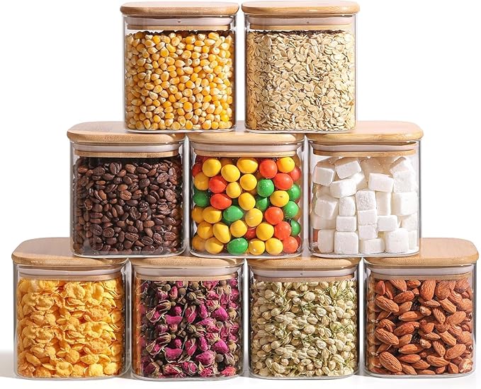 ComSaf 0.7 Qt Glass Food Storage Jars Set of 9, Clear Glass Storage Containers with Lids, Pantry Organization Jar, Spice, Blooming Tea, Oat, Coffee and Sugar Container, Small Canister Set for Kitchen