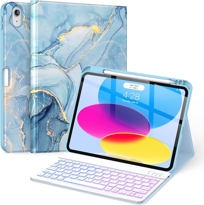 Soke for iPad (A16) 11th/10th Gen Case with Keyboard Black Marble | For iPad 11/10.9 inch(2025/2022) 7 Color Backlight Magnetic wireless Detachable Keyboard Case Built-in Pencil Holder