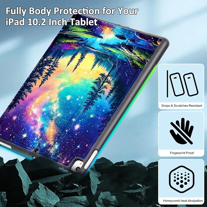 Lokigo Case for iPad 9th/8th/7th Gen 10.2 Air 3rd/Pro10.5 Aurora Forest | Protective Folio Soft Back Cover Pencil Holder for Teens/Students/Office Staffs 4 Angles Viewing Stand Auto Wake/Sleep