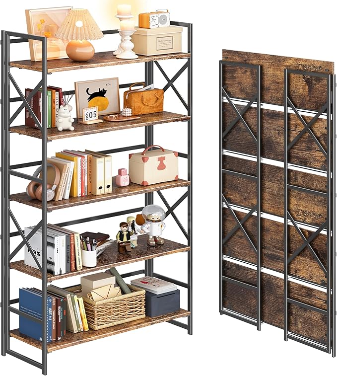 4NM Extra Wide 5 Tiers No Assembly Book Shelves, 51.2" H Folding Bookshelf Bookcase Open Industrial Foldable Shelves for Bedroom, Living Room, Home Office - Rustic Brown Black
