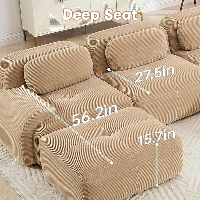 80" Modern Corduroy Boneless Love Seat Couches, 2 Seater Large Sectional Couches for Living Room, Camel Cloud Modular Sectional Sofa, Memory Foam, Extra Deep Loveseat, No Assembly