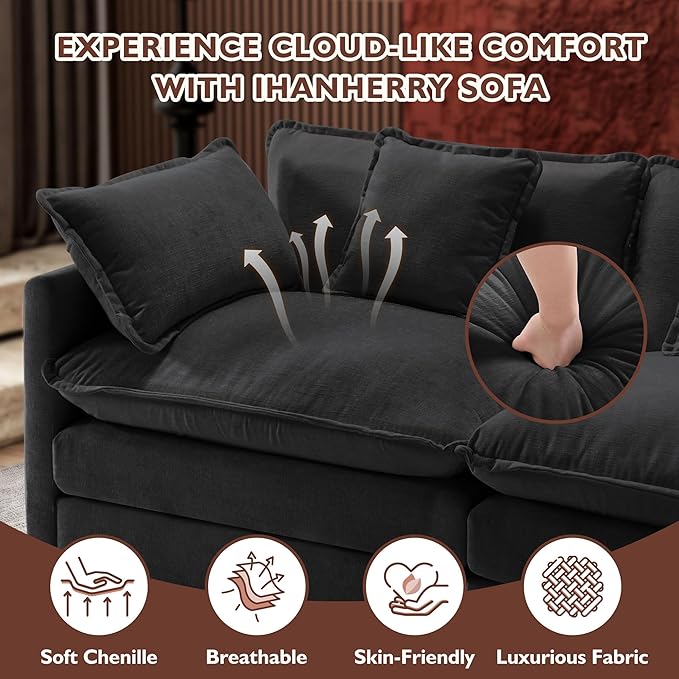 Ihanherry Cloud Sofa 77 Inch Loveseat, Modern Sectional Couch, 2-Seats Sofa for Living Room Bedroom and Apartment, Comfy Double Layer Upholstered Seat Cushion, Breathable Chenille Fabric, Black