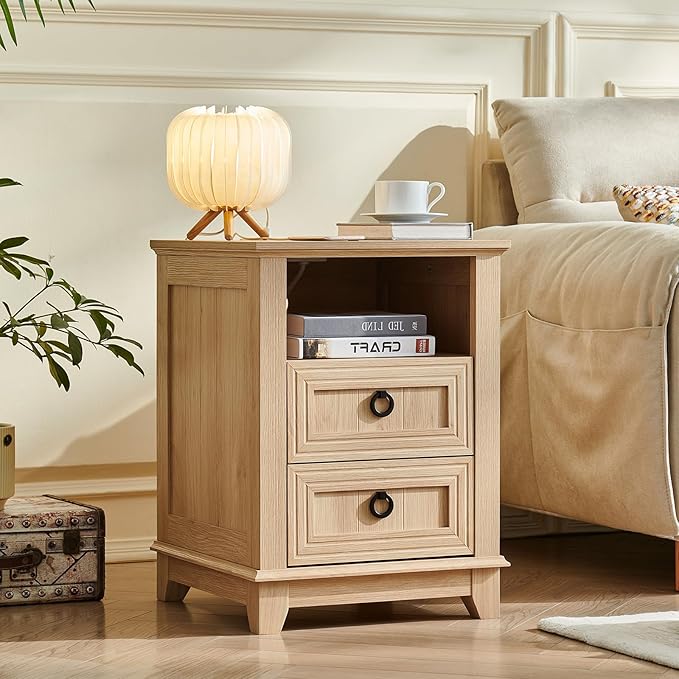 18" Farmhouse Night Stands Set of 2 with Charging Station, 2 Drawers Bedside End Table, Natural Wooden Nightstand, Bed Side Table Cabinet with Open Shelf for Bedroom Living Room Office