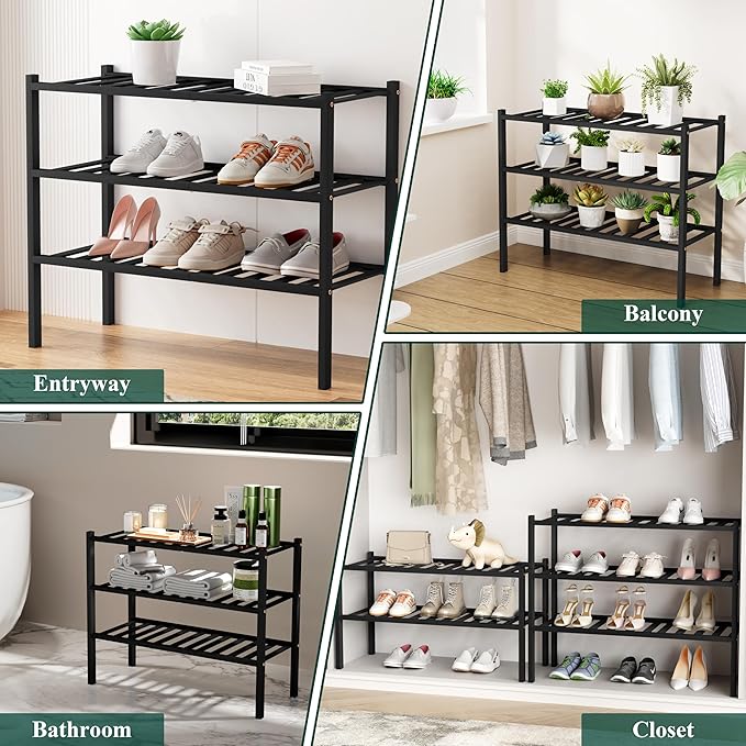Smiry Shoe Rack, 5 Tier Long Bamboo Shoe Organizer, Stackable Free Standing Wooden Shoe Storage Shelf for Closet, Entryway, Front Door Entrance, Black