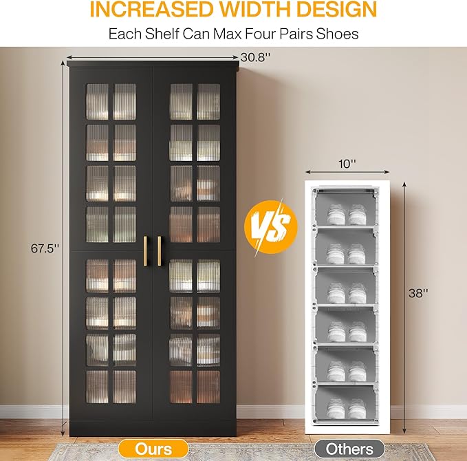 Tribesigns Tall Shoe Cabinet with Doors, 8-Tier Shoe Storage with Adjustable Shelves, Modern Shoe Organizer Shoe Rack Cabinet for Entryway, Hallway, Closet, Living Room, Black
