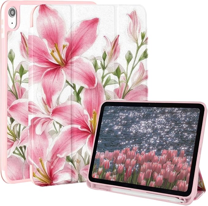 Case for iPad 9th/ 8th/ 7th Generation Case 10.2&amp10.5 Inch (2021/2020/2019 Release) Slim Lightweight Soft Trifold Back Cover with Pencil Holder &amp Auto Sleep/Wake Cover Cherries Cheetah Bows