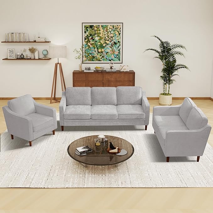 Kingfun Living Room Furniture Sets, 3 Seater Couch, Armchair and Loveseat, Mid Century Modern Sofa Set, Chenille Couch with Solid Wood Frame for Living Room & Bedroom, Silver Gray