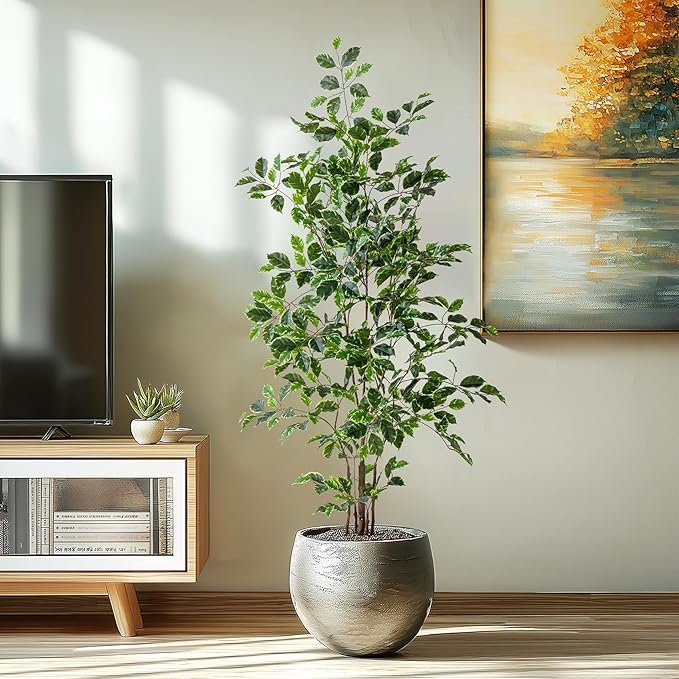 Artificial Ficus Tree Indoor 5ft, Large Potted Faux Tree with Realistic Silk Leaves & Trunk for Home Office, Living Room Corner Decor